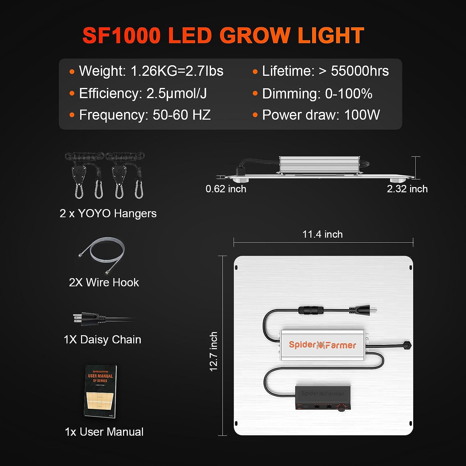 2023 Newest Spider Farmer SF1000 LED Grow Light with Samsung LM301B Diodes Deeper Penetration  Dimmable Full Spectrum Lights for Indoor Plants Veg Bloom Growing Lamps for 3x3/2x2 Grow Tent 2.5 umol/J