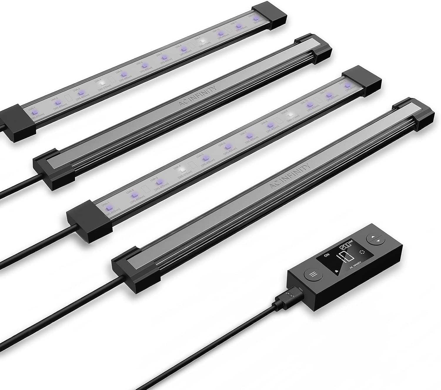 AC Infinity IONBEAM U4, Targeted Spectrum UV LED Grow Light Bars 11”, 4-Bar Lighting Kit with 365nm and 395nm Diodes, Digital Dimming Schedule Controller, for Indoor Plants, Grow Tents, Greenhouses