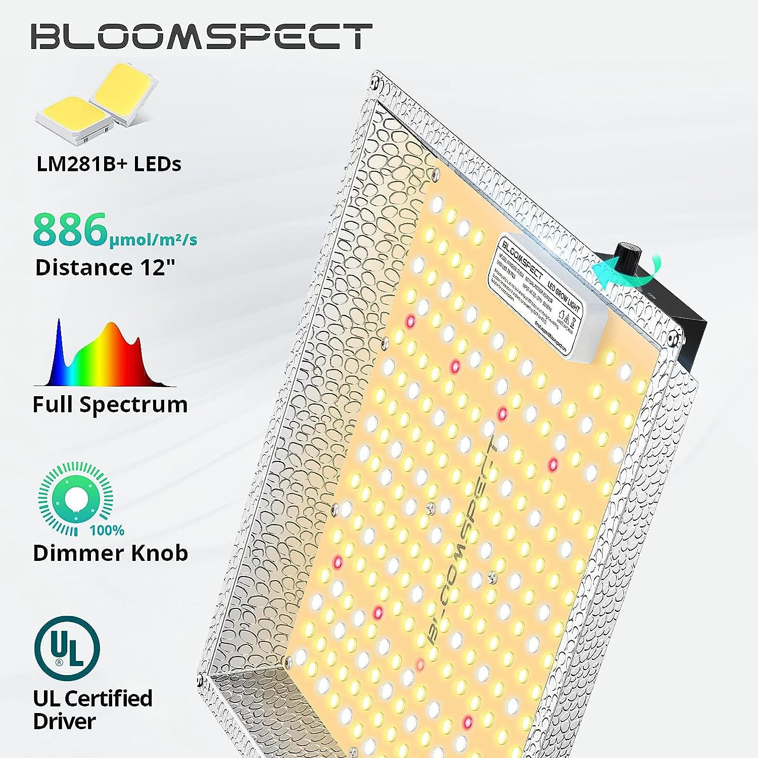 BLOOMSPECT SL600 LED Grow Light, Dimmable Full Spectrum Commercial Growing Lights with Reflector Hood 2x2ft Flower Coverage for Indoor Plants Seeding Veg  Bloom, 250pcs LEDs