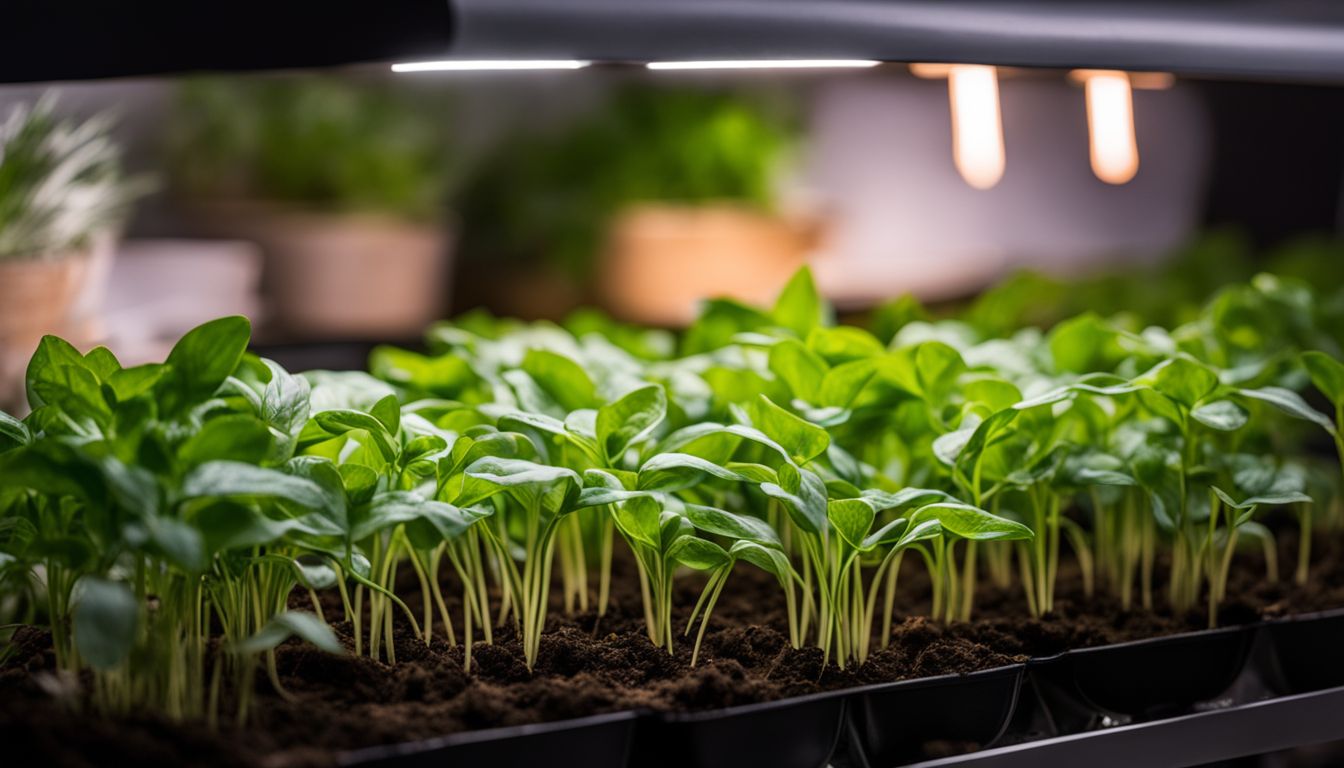 A photo of healthy green seedlings under a grow light.