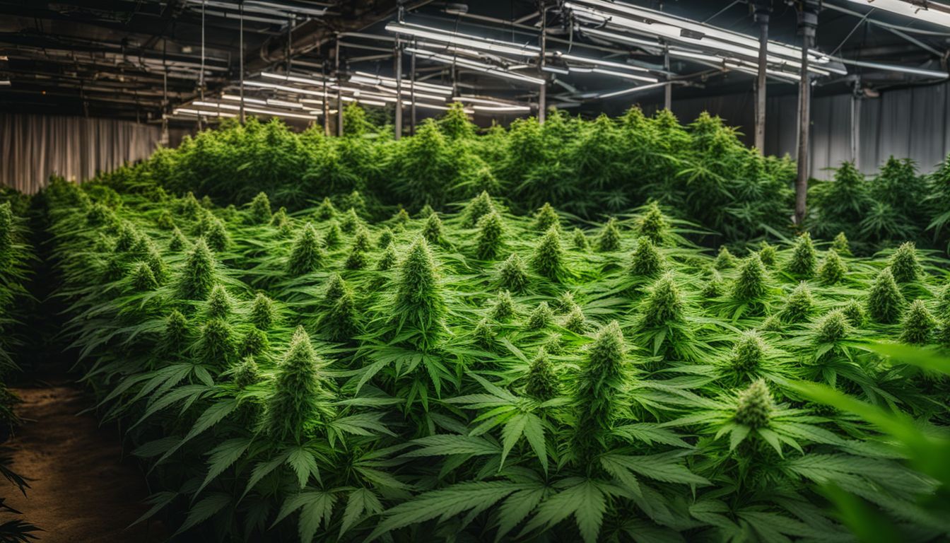 A photo of cannabis plants at different stages of growth surrounded by growing equipment.