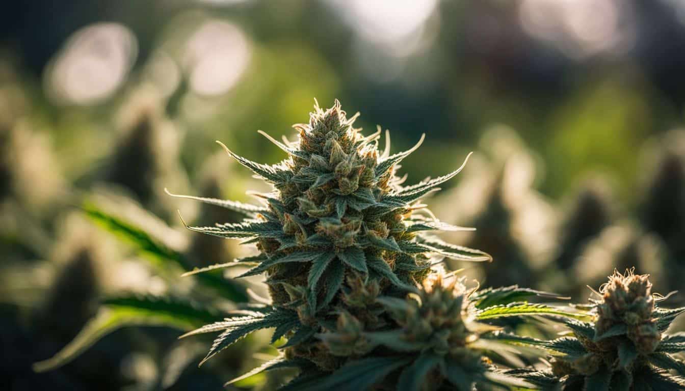 Close-up of mature marijuana buds in a natural outdoor environment.