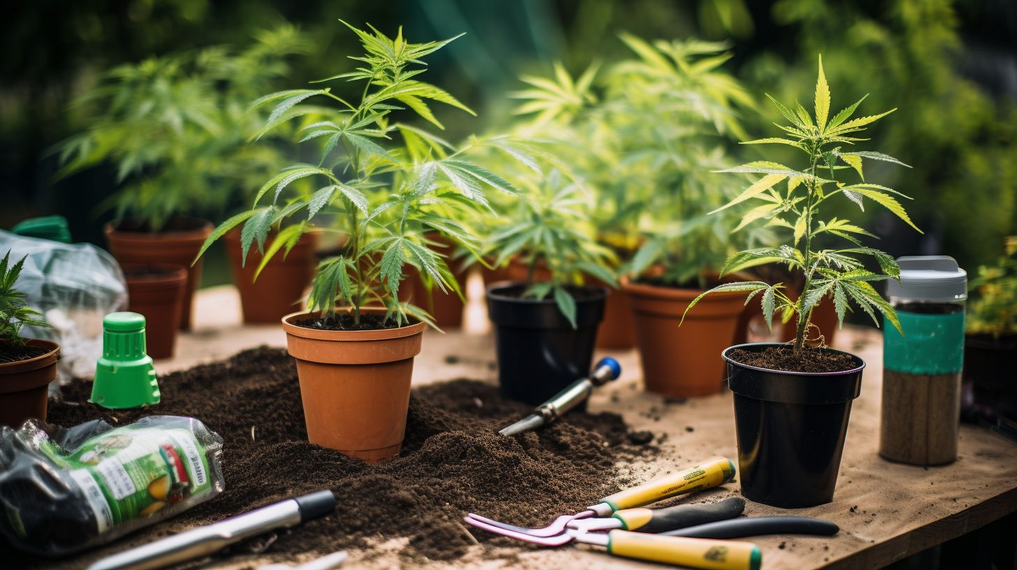 Cannabis plants in different growth stages surrounded by gardening tools.