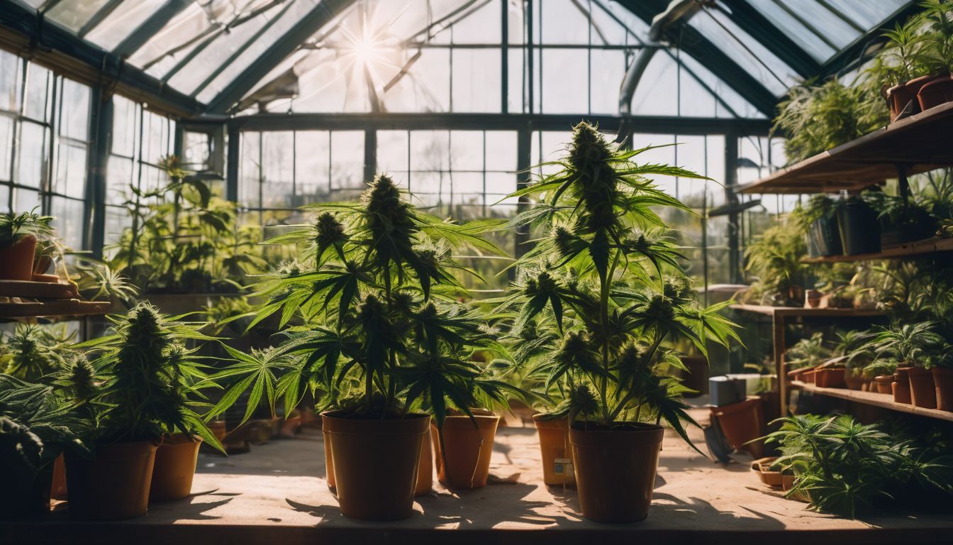 A thriving cannabis plant in a sunlit greenhouse surrounded by gardening tools.