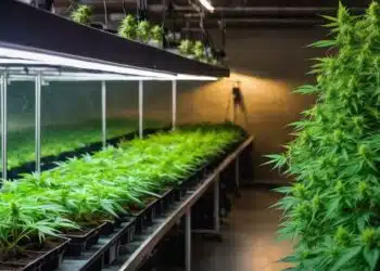 A photo of vibrant cannabis plants growing in a hydroponic system.