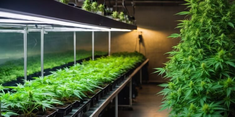 A photo of vibrant cannabis plants growing in a hydroponic system.