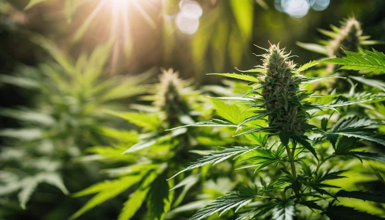 A close-up of a mature marijuana plant in an outdoor cannabis garden.