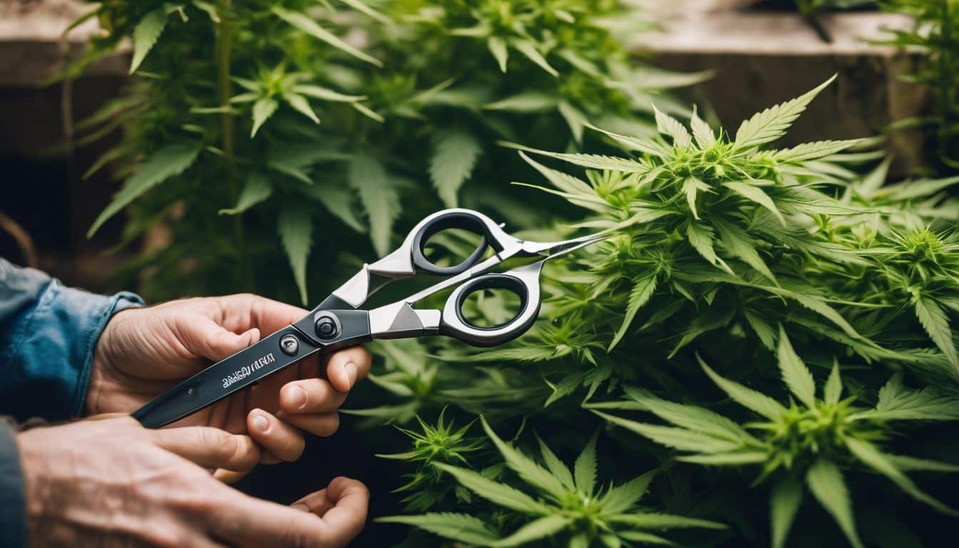 A pair of gardening shears surrounded by healthy marijuana plants.