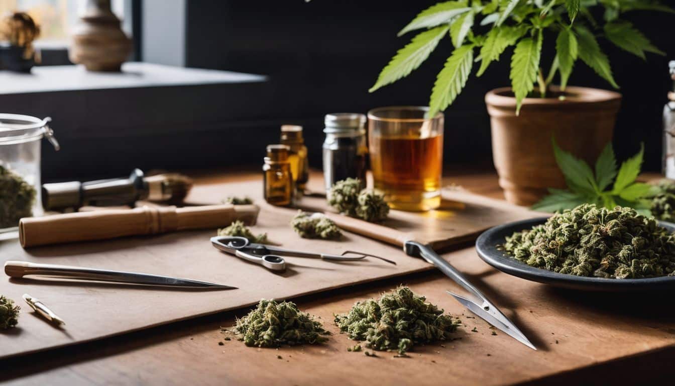 A collection of marijuana buds and trimming tools on a tabletop.