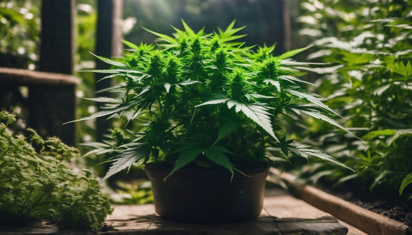 A thriving marijuana plant in a lush garden.