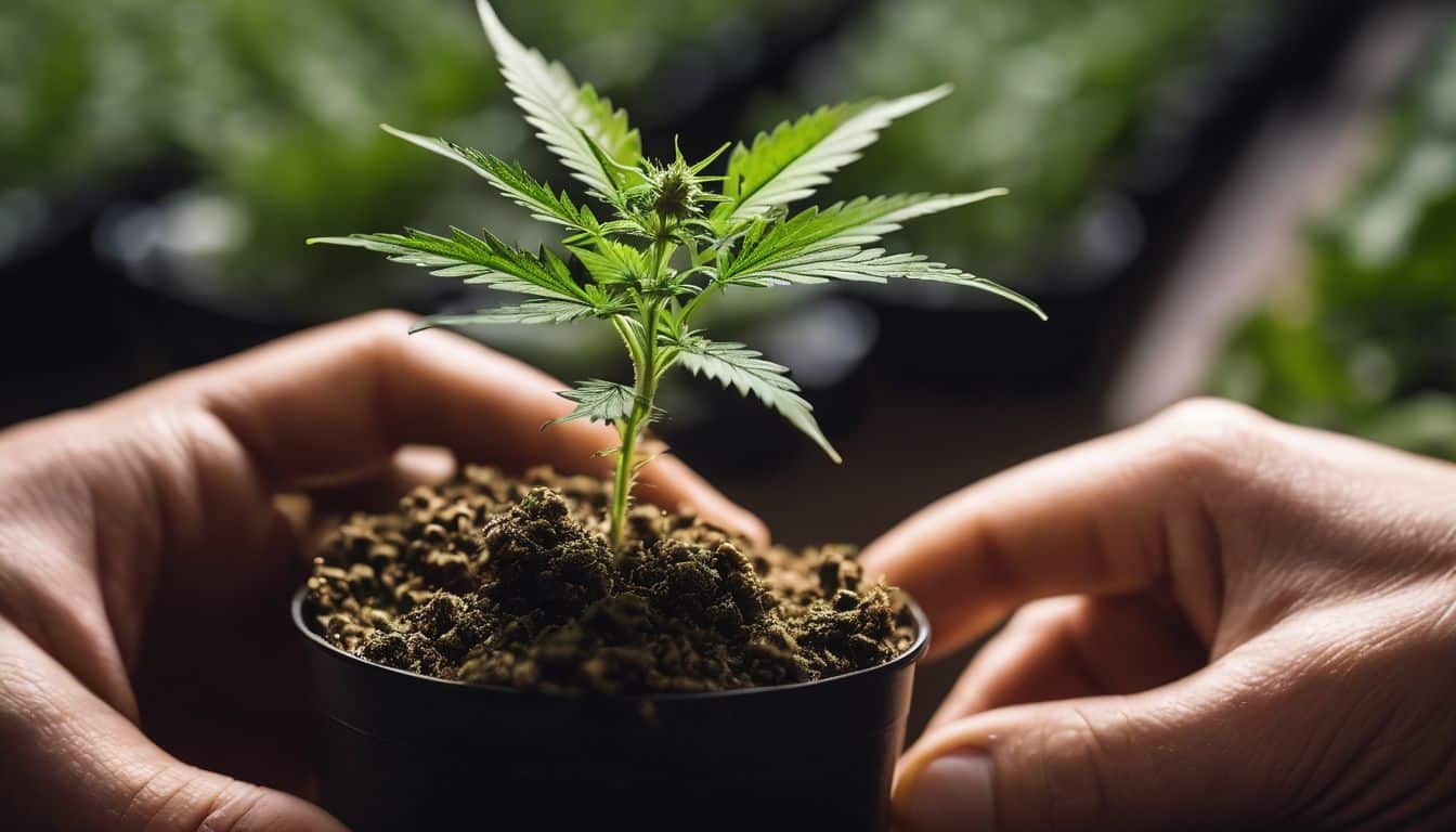A healthy marijuana seedling being nurtured in a well-lit indoor environment.