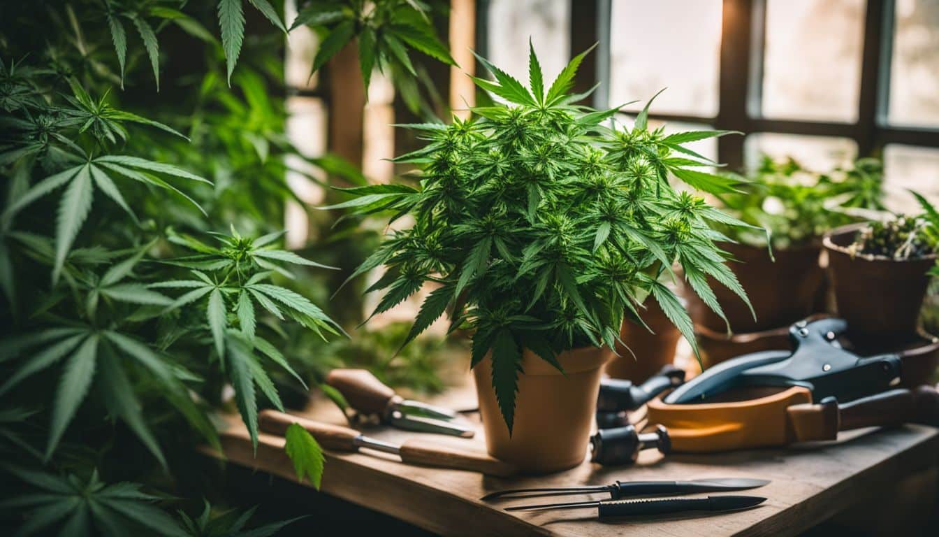 A photo of a drooping cannabis plant surrounded by gardening tools.