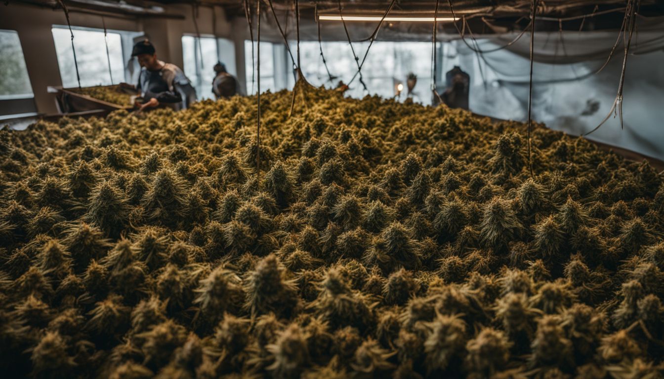 An array of freshly harvested cannabis buds hanging to dry indoors.