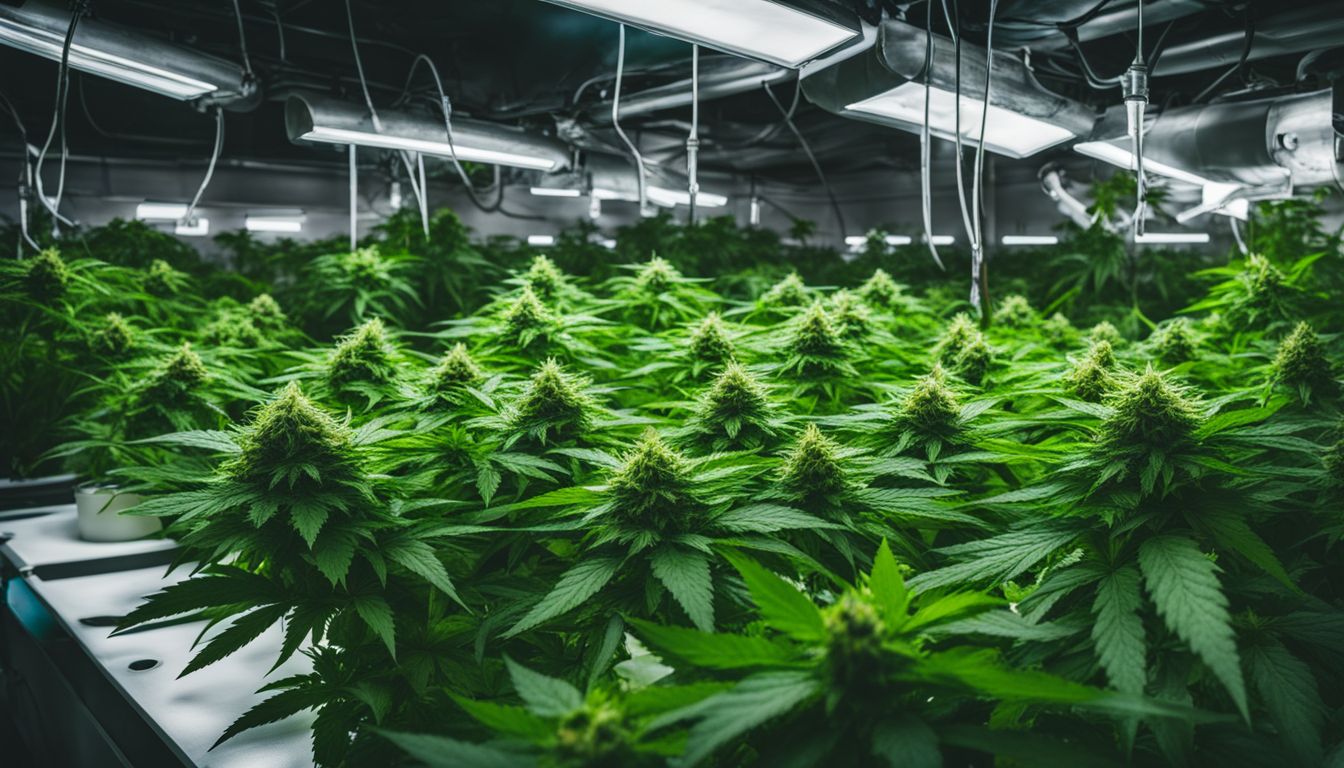 Thriving marijuana plants in a hydroponic system surrounded by equipment and water.