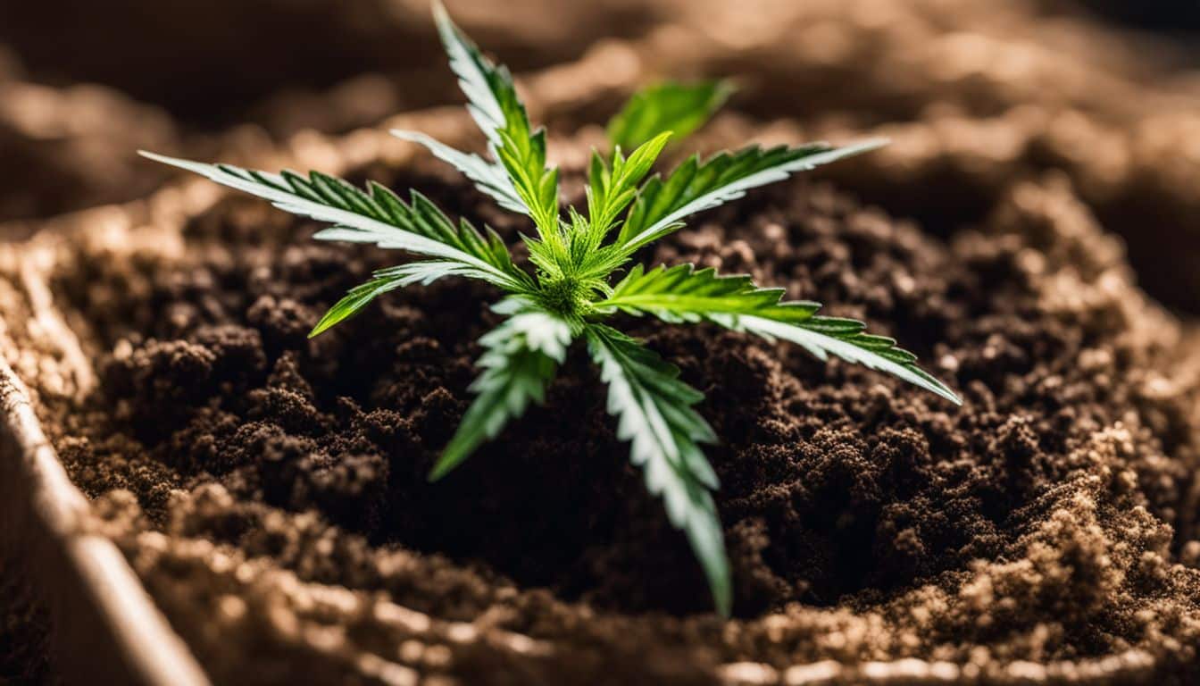 A healthy marijuana seedling sprouting in nutrient-rich potting soil.