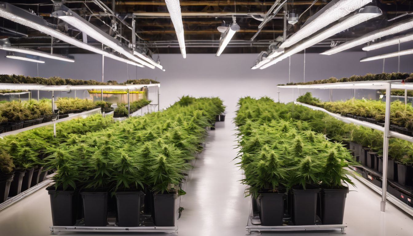 A photo of indoor-grown cannabis plants under controlled environment and lighting.