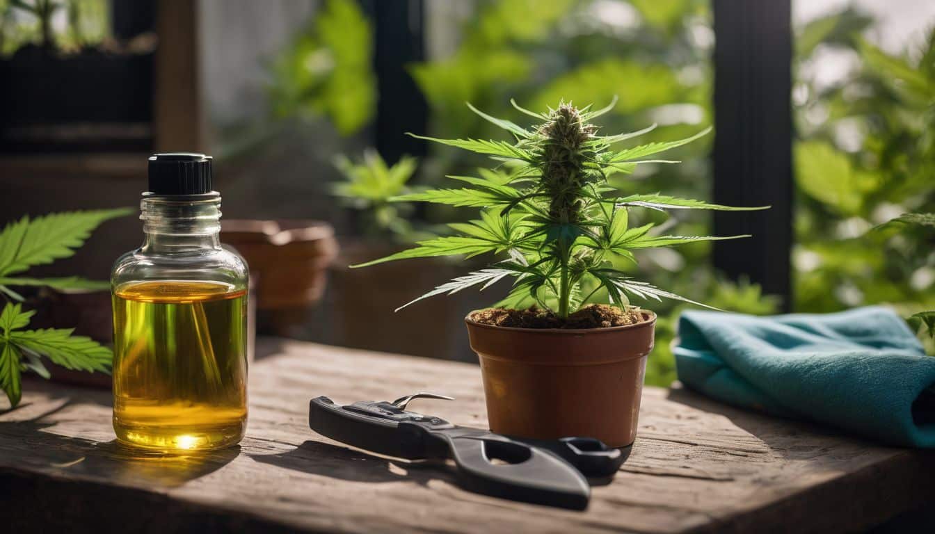 A healthy cannabis plant surrounded by gardening tools in a bustling atmosphere.