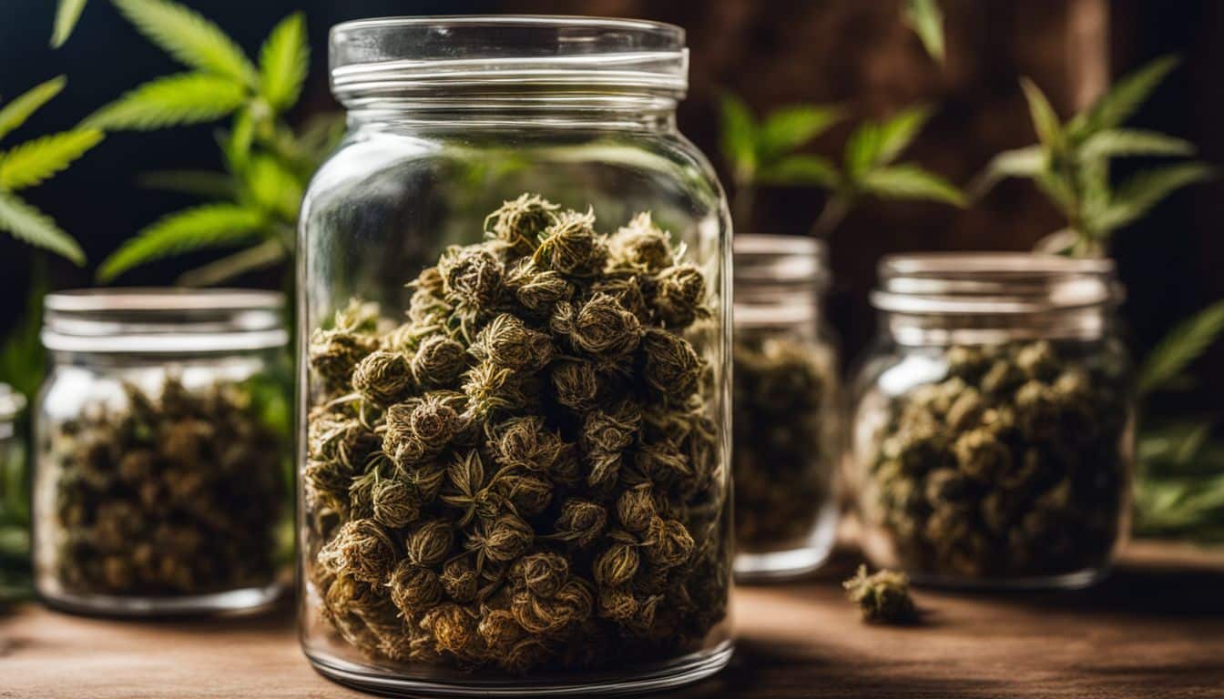 A photo of dried cannabis buds in glass jars surrounded by hemp leaves.