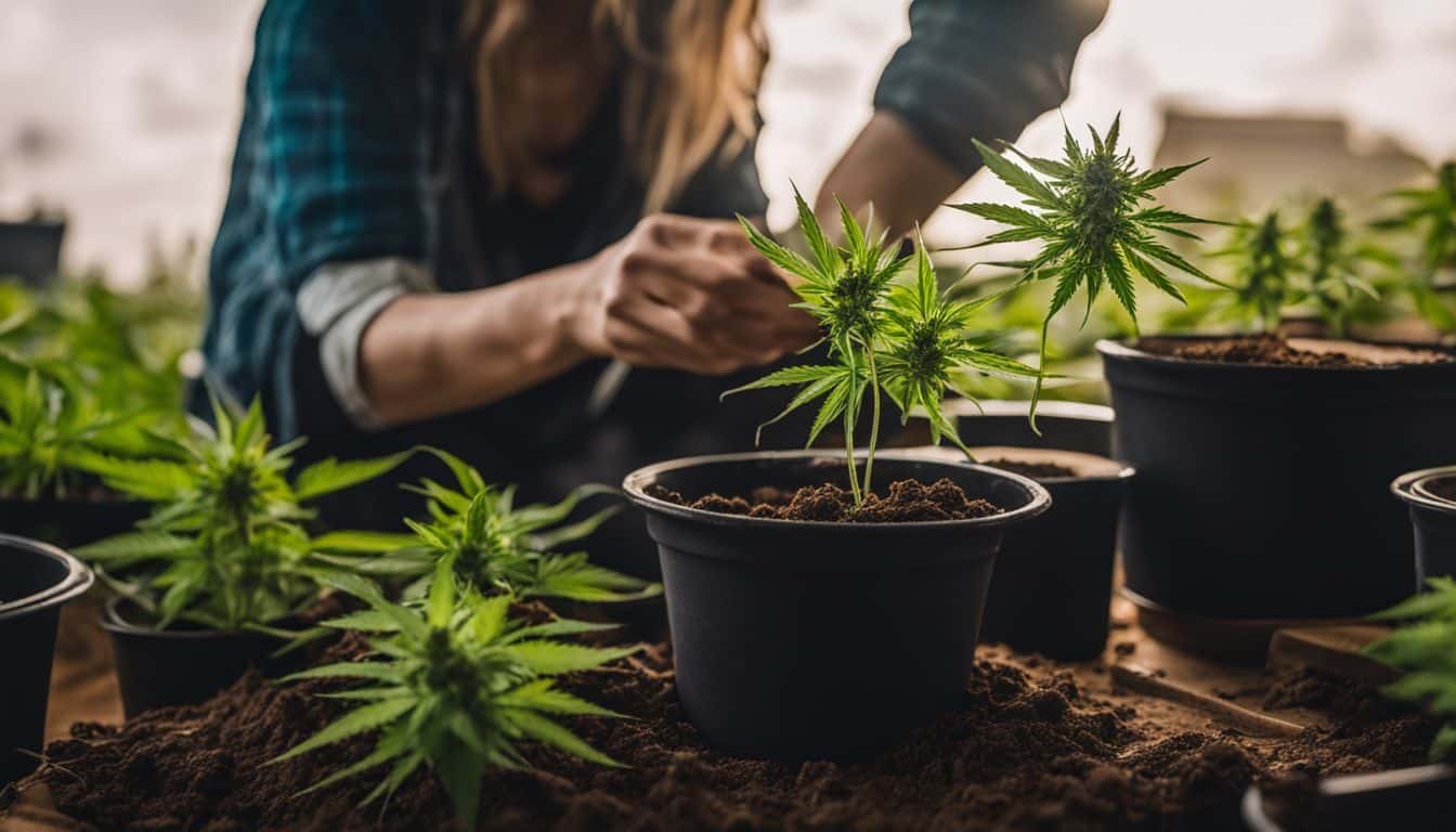 A cannabis plant is being transferred to a larger pot with fresh soil.