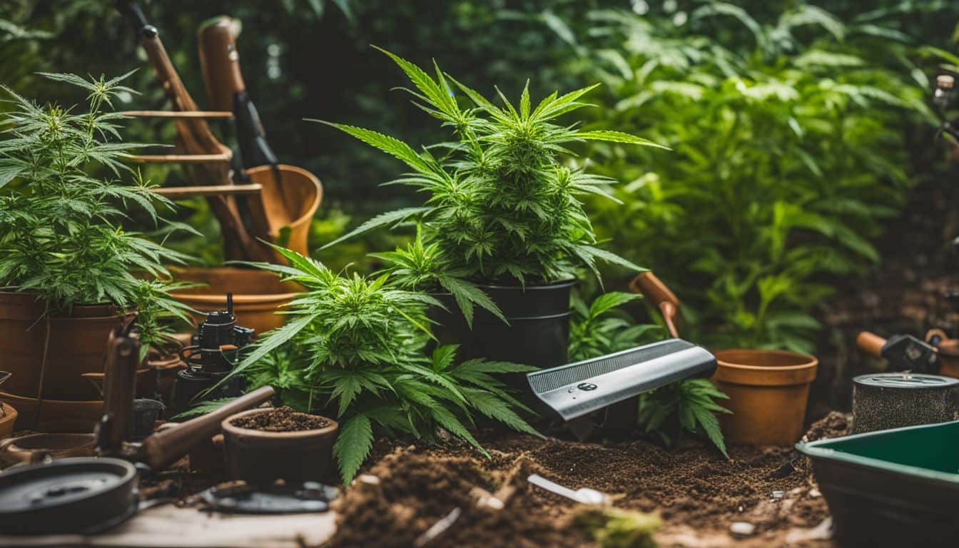 A photo of healthy marijuana plants surrounded by gardening tools and equipment.