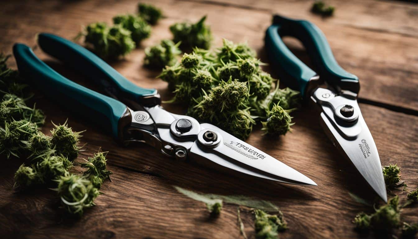A close-up photo of trimmed marijuana buds beside pruning shears.