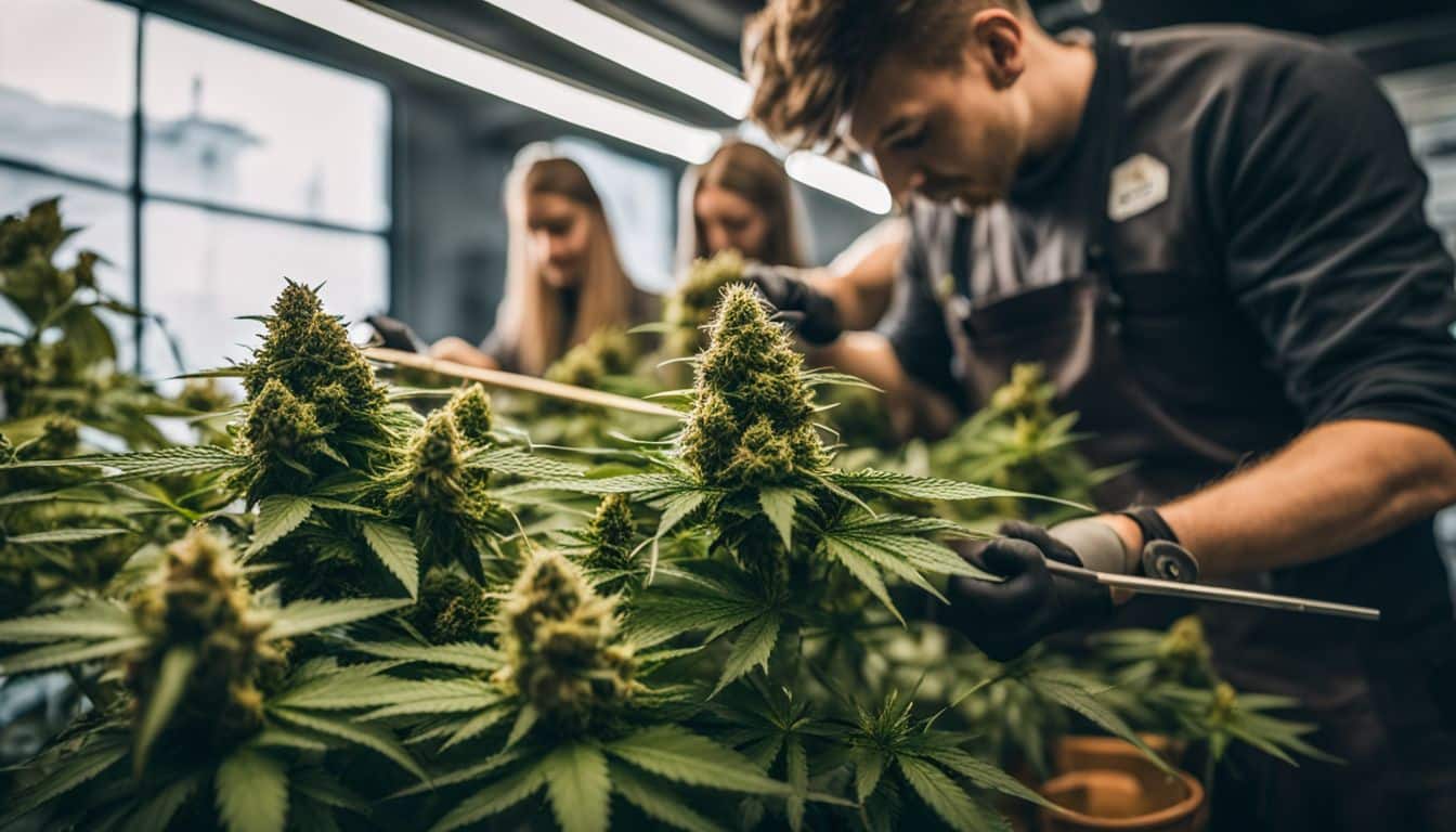 Buds of marijuana plants being carefully trimmed in a bustling indoor environment.