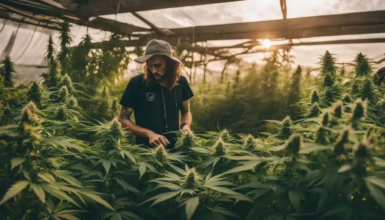 A cannabis farmer inspects healthy plants in a lush outdoor garden.