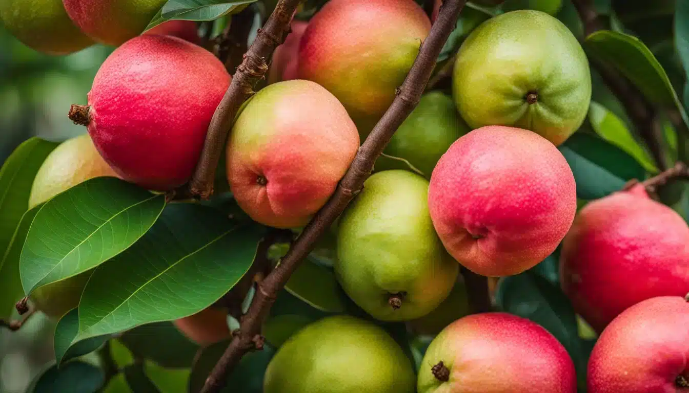 A photo of fresh guava fruits with various people and backgrounds.