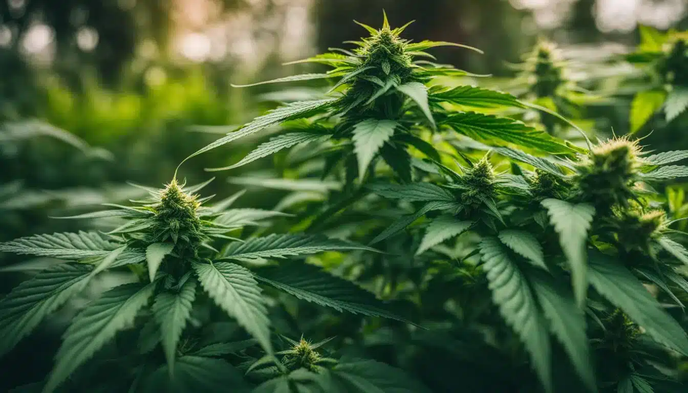 Close-up shot of male and female marijuana plants growing together in a garden.