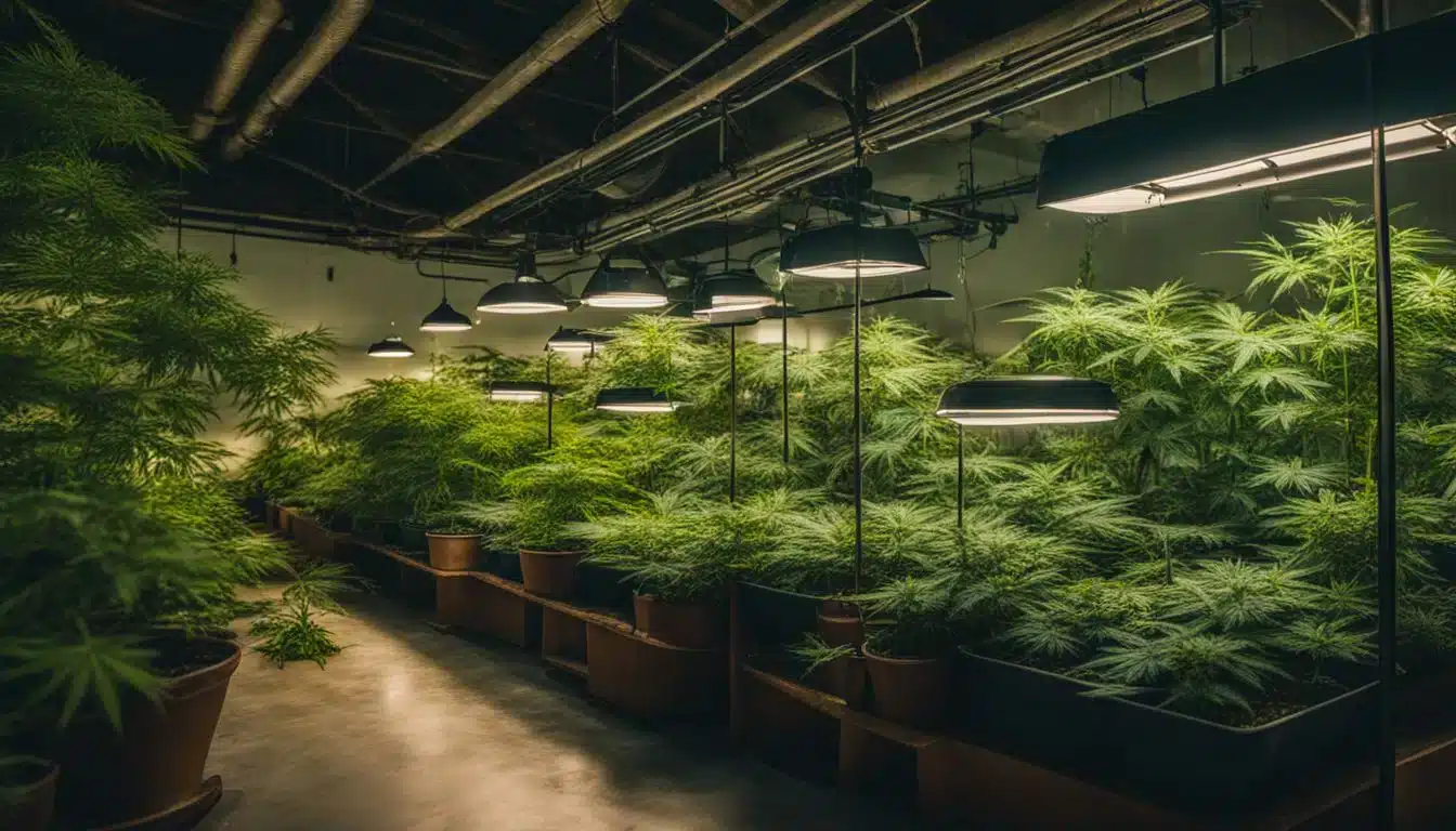 A thriving indoor garden filled with healthy cannabis plants.