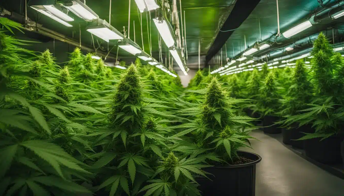 An indoor grow room filled with lush green cannabis plants.