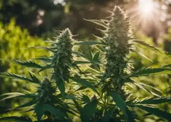 A vibrant cannabis plant thrives in a well-lit indoor garden.