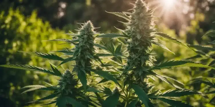 A vibrant cannabis plant thrives in a well-lit indoor garden.