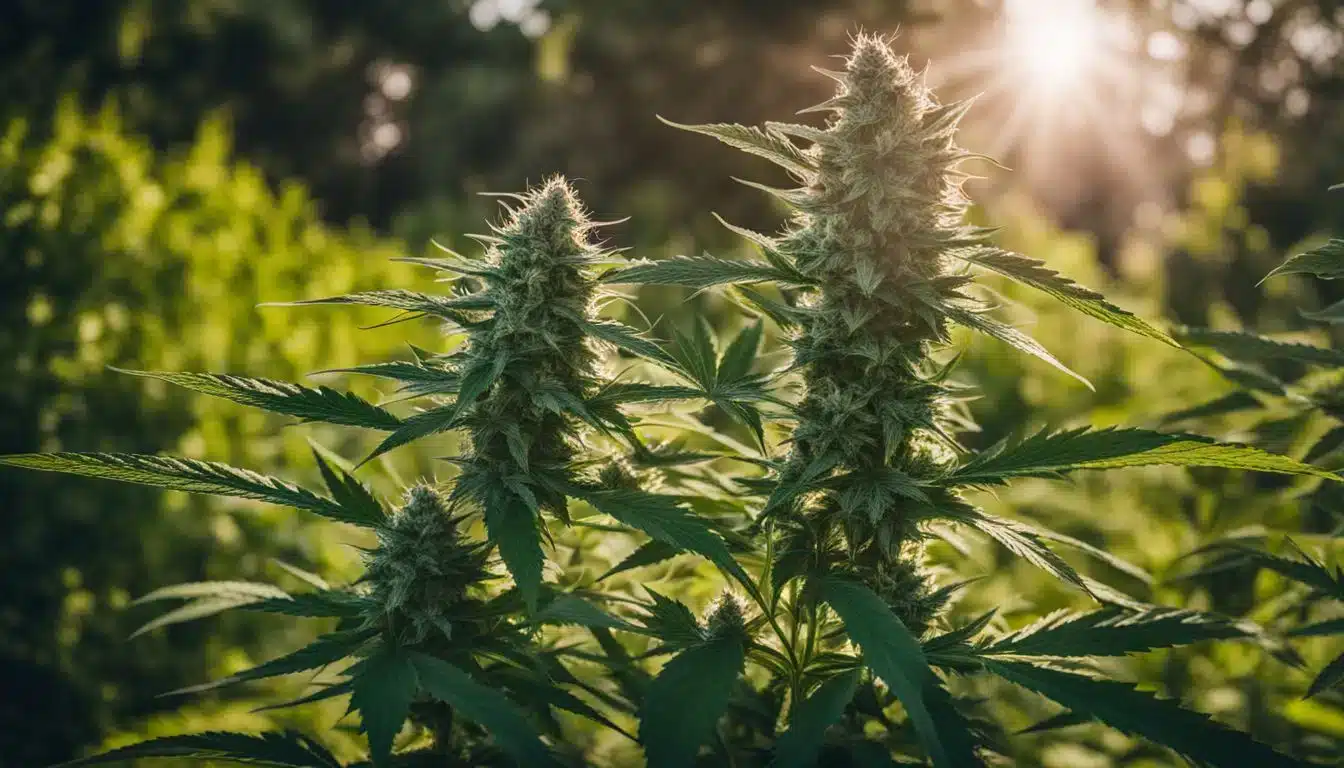 A vibrant cannabis plant surrounded by a diverse garden.