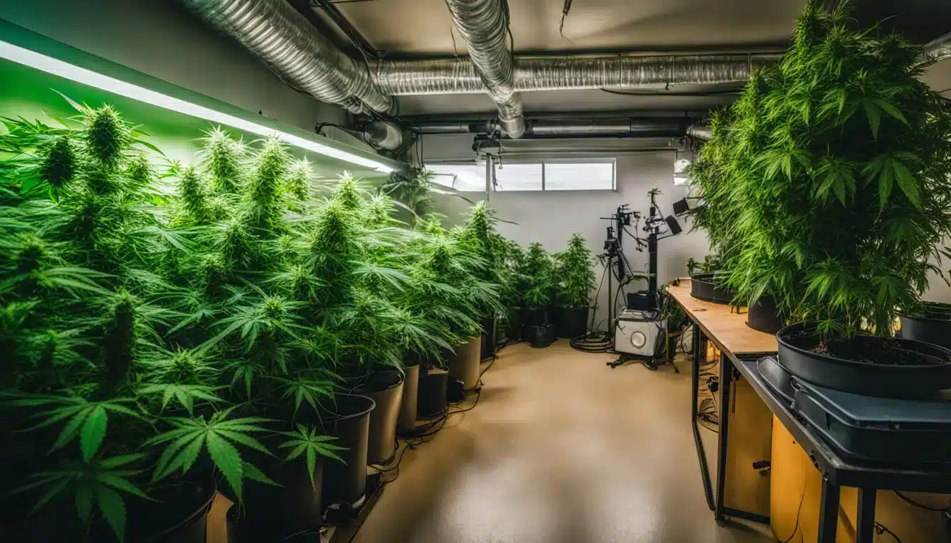 A thriving cannabis grow room with budget-friendly equipment and healthy plants.