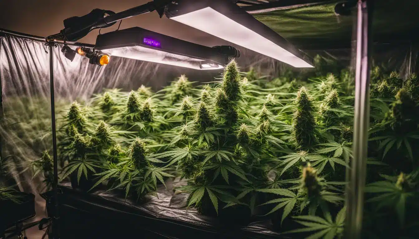 A fully equipped indoor grow tent with healthy cannabis plants.