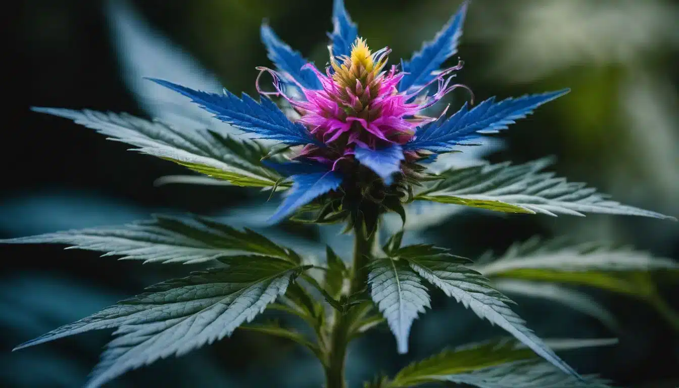 Close-up photo of a blue cannabis flower with various people.