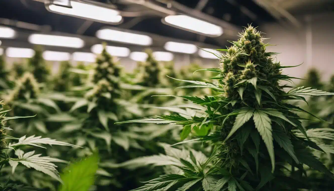 A photo of a blooming King Louis cannabis plant in a grow room.