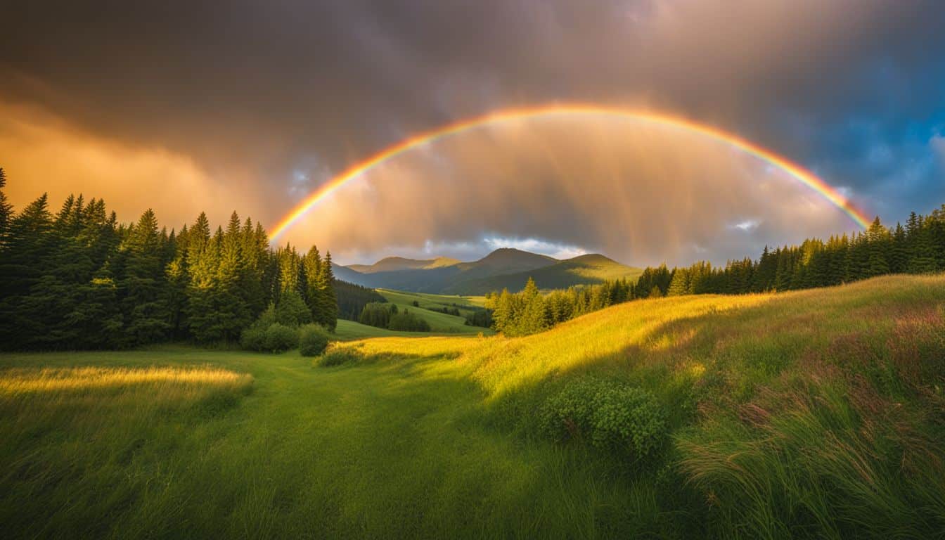 A vibrant rainbow stretches across a lush green meadow in nature.