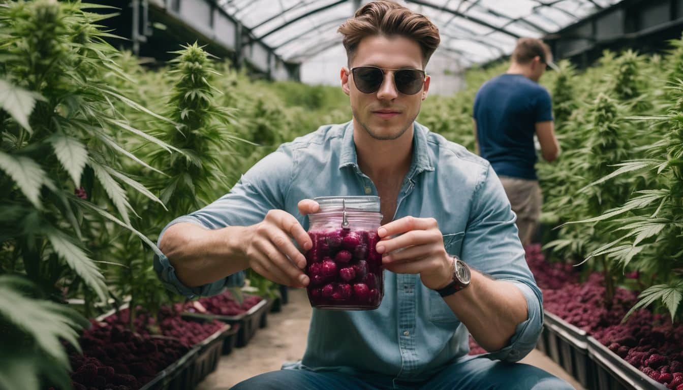A person holding black cherry gelato surrounded by cannabis plants.
