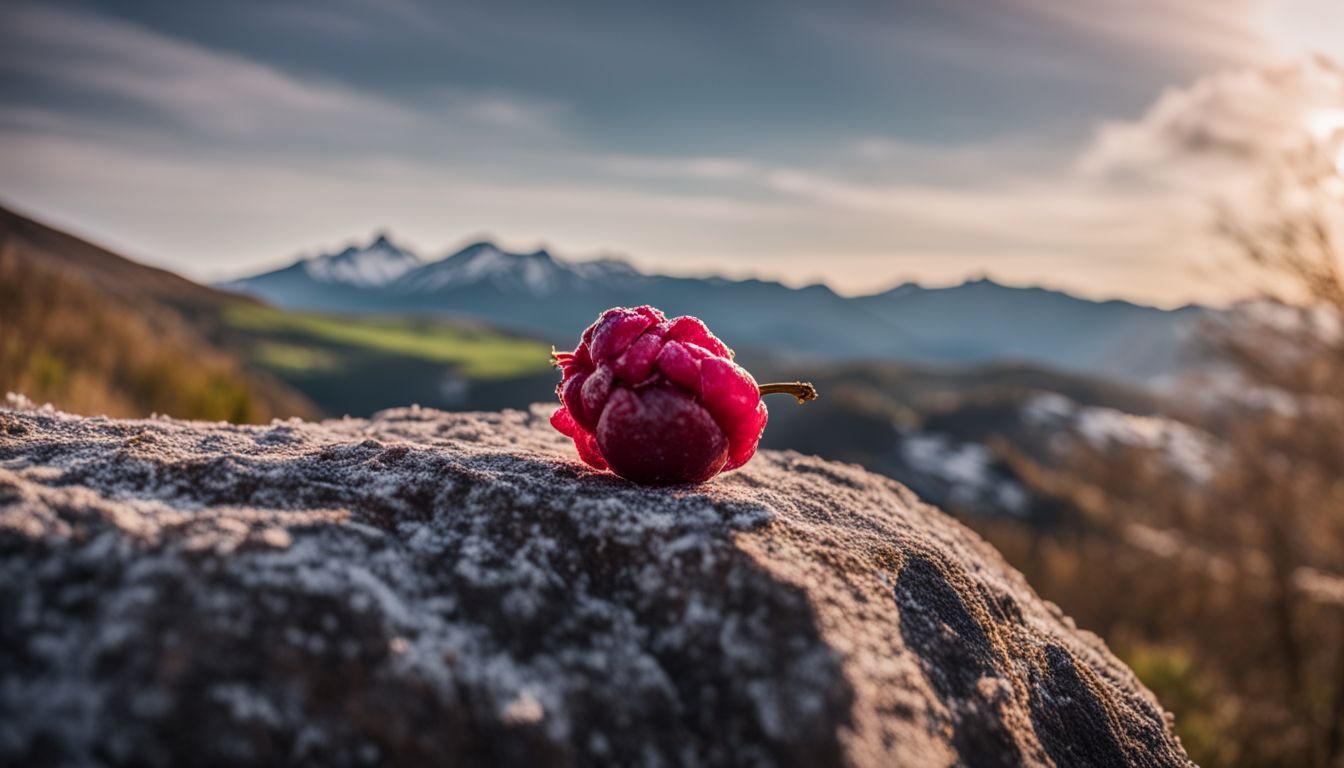 A close-up photo of a Black Cherry Gelato bud with a mountain landscape in the background.