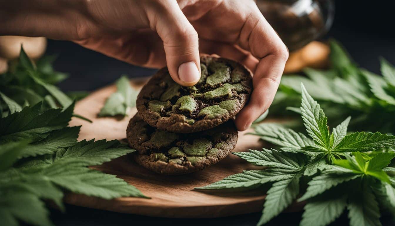 A hand holding a freshly baked thin mint cookie surrounded by marijuana leaves.