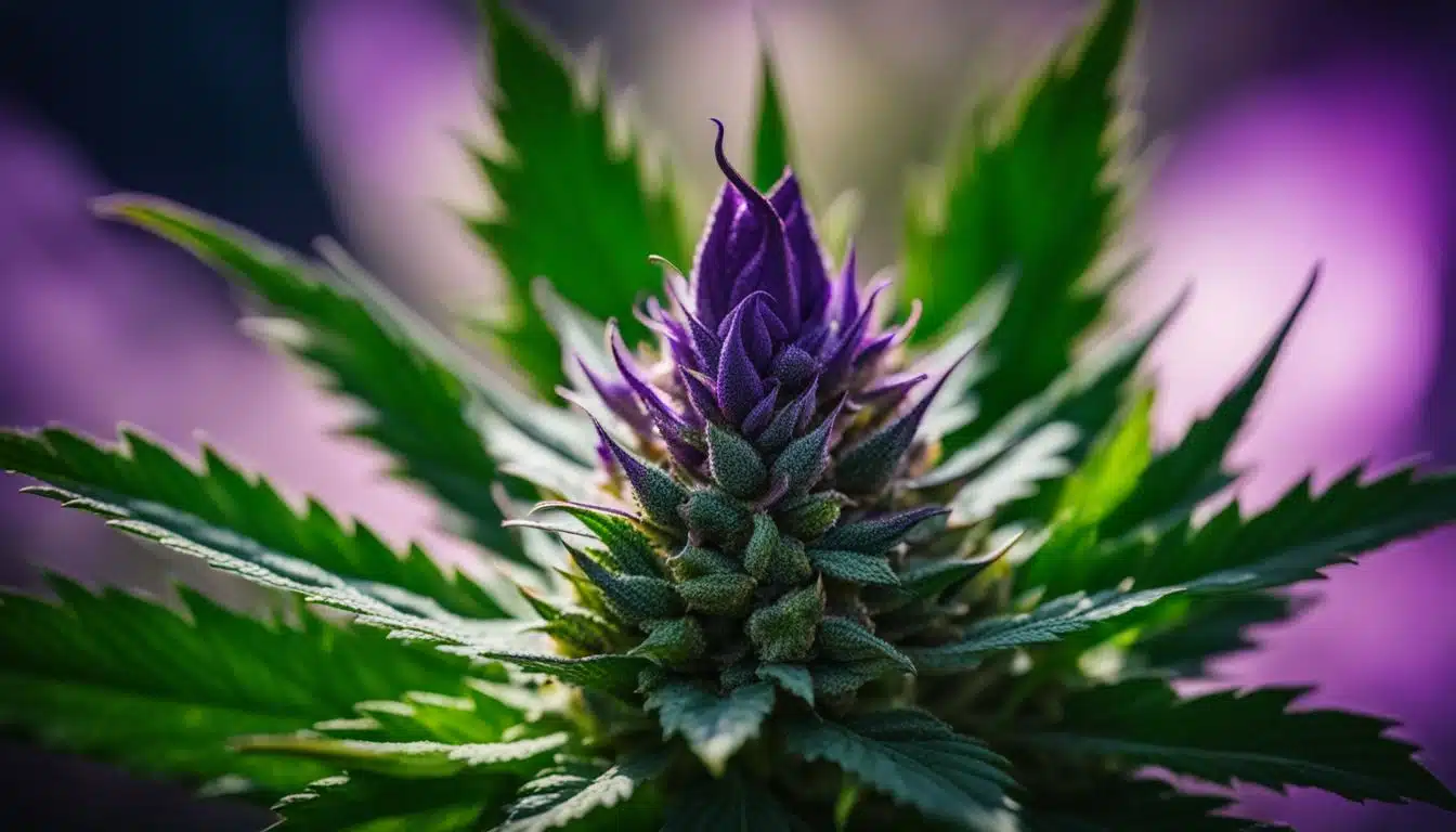 A close-up of a beautiful cannabis bud with dark green and royal purple hues.