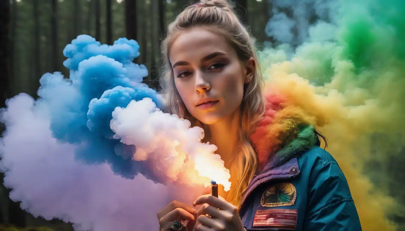 A person holding a colorful joint surrounded by vibrant rainbow smoke.