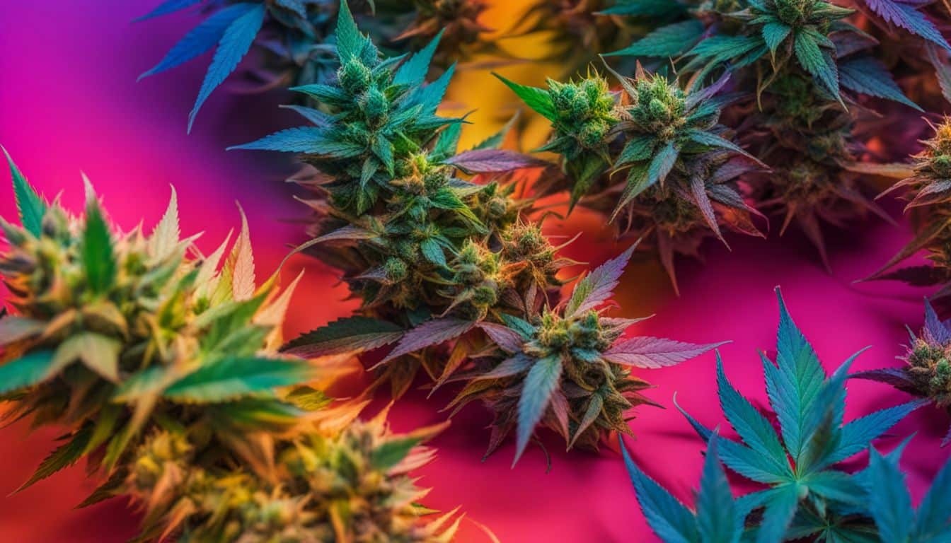 A vibrant photo showcasing colorful marijuana buds arranged in a rainbow pattern.