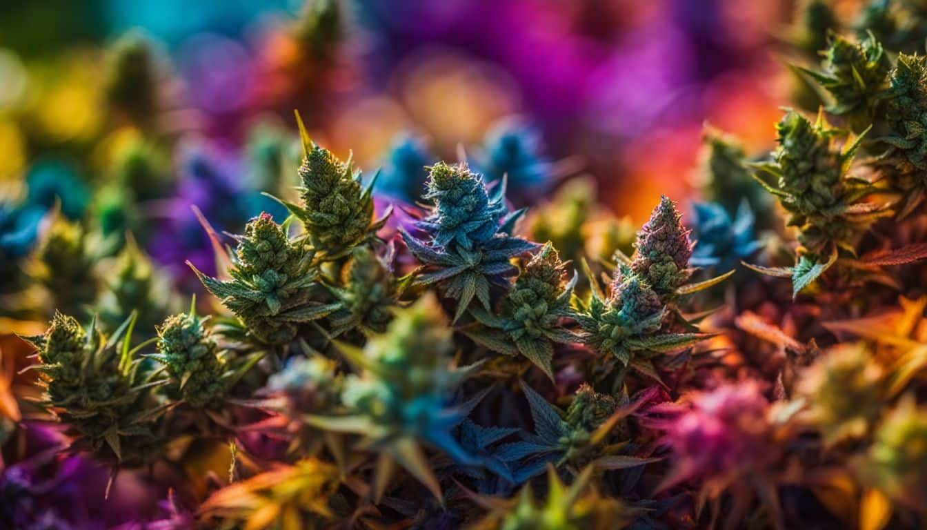 Rainbow arrangement of marijuana buds in nature with diverse people.