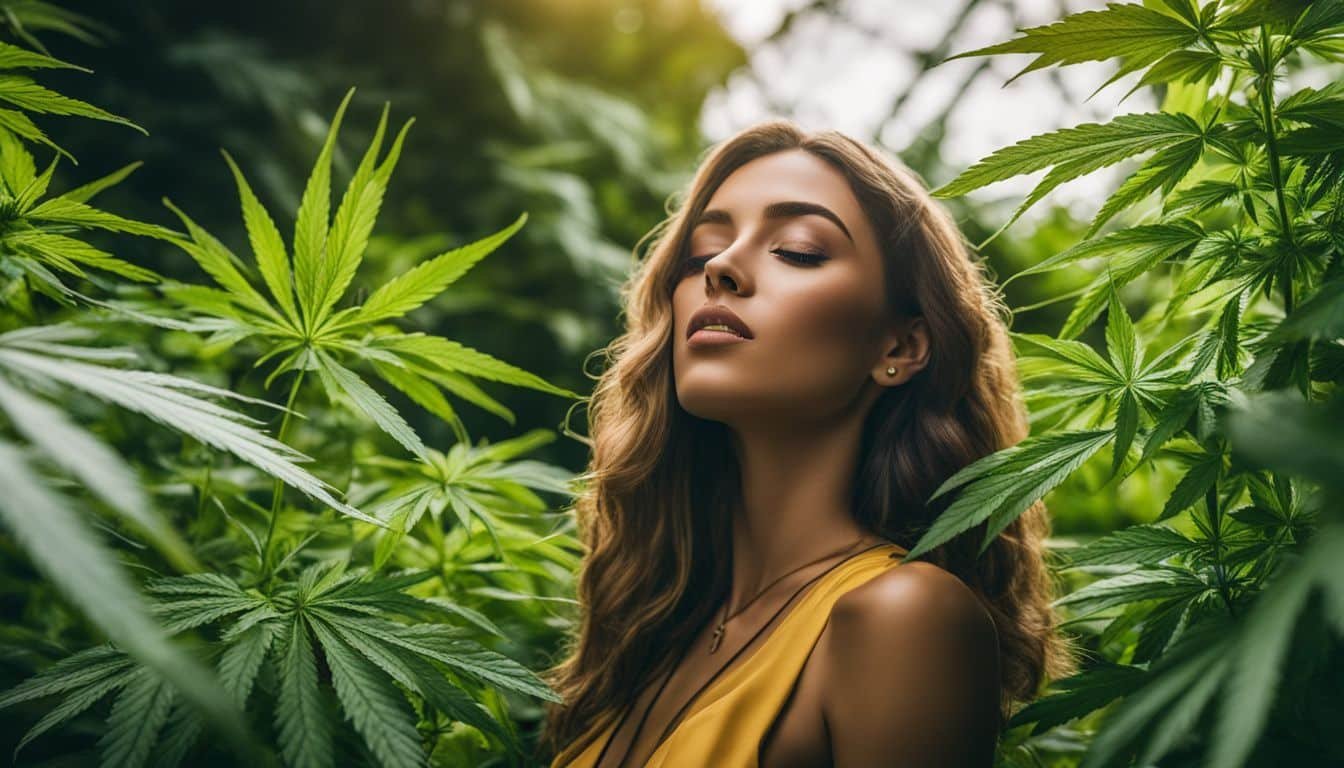 A photo of a vibrant cannabis plant surrounded by diverse people.