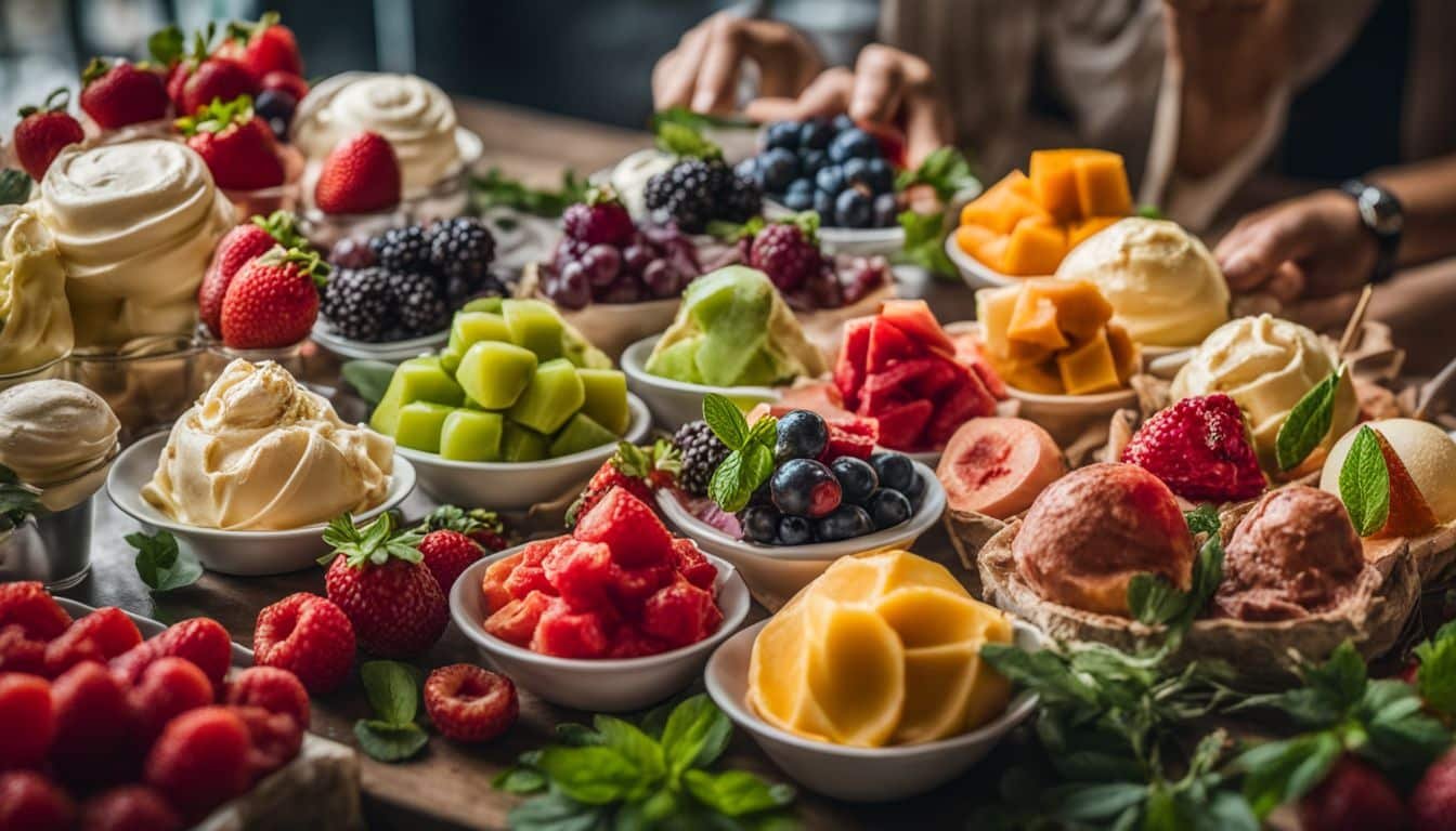 A vibrant display of gelato flavors surrounded by fresh fruits and herbs.