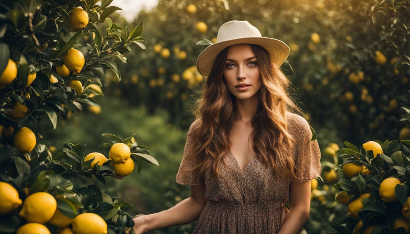 A woman in a lemon tree field surrounded by nature.