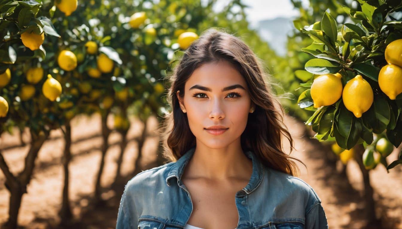 A person holding a freshly picked lemon in a vibrant lemon orchard.